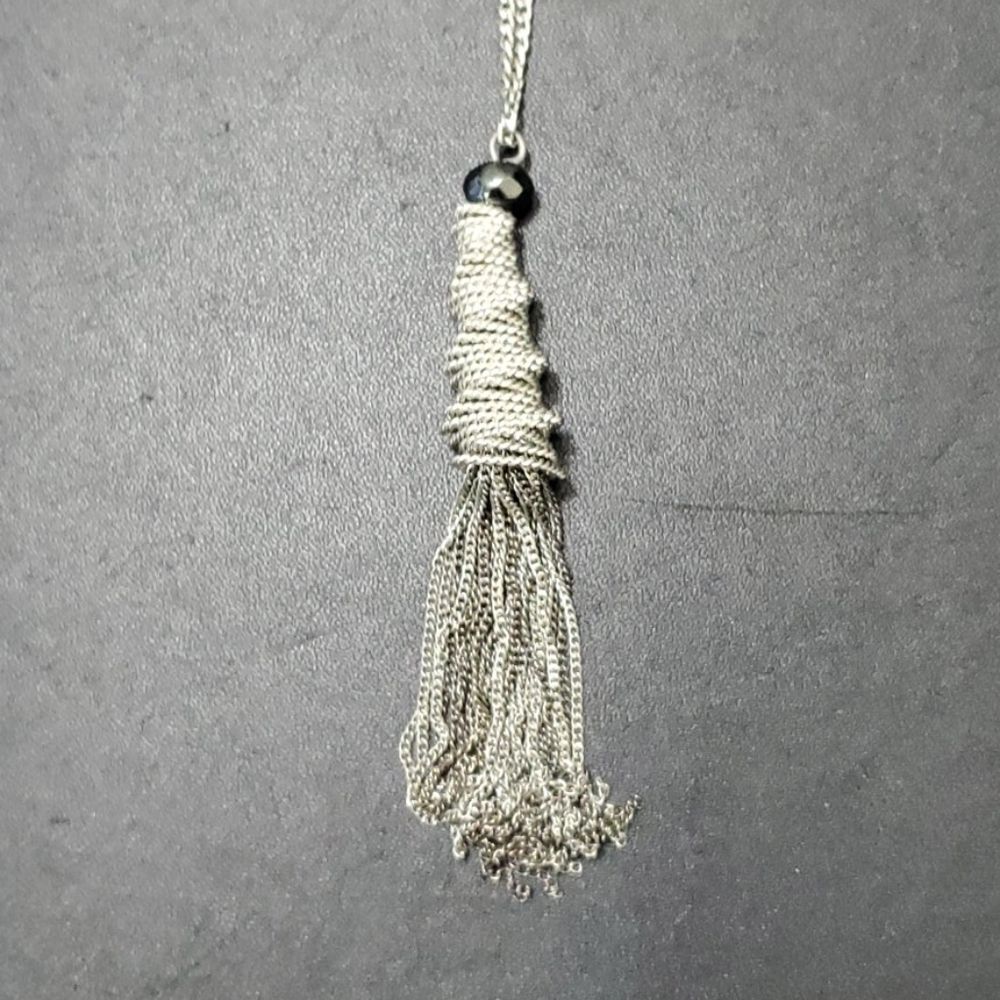 Silver tone very long chain tassel necklace 44-49"
